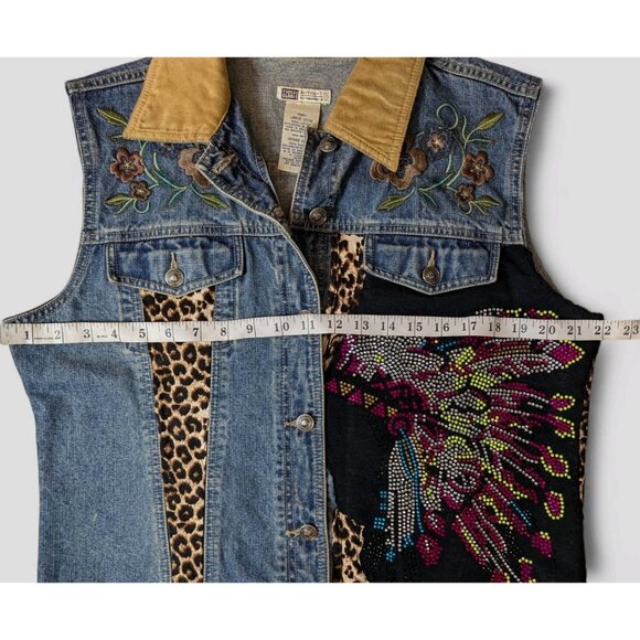 Vtg Womens Large Vest Denim Buffalo Cheetah Embroidery Fringe Bling War Bonnet - Picture 5 of 10